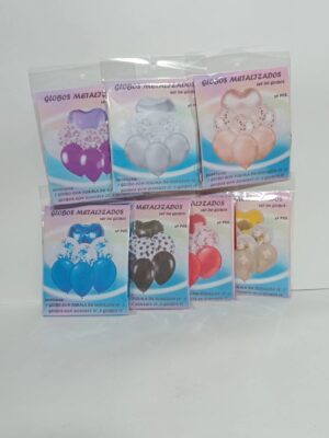 Kit Globos Deco Corazon Metalizado Rosa Confettis 9 Piezas X1