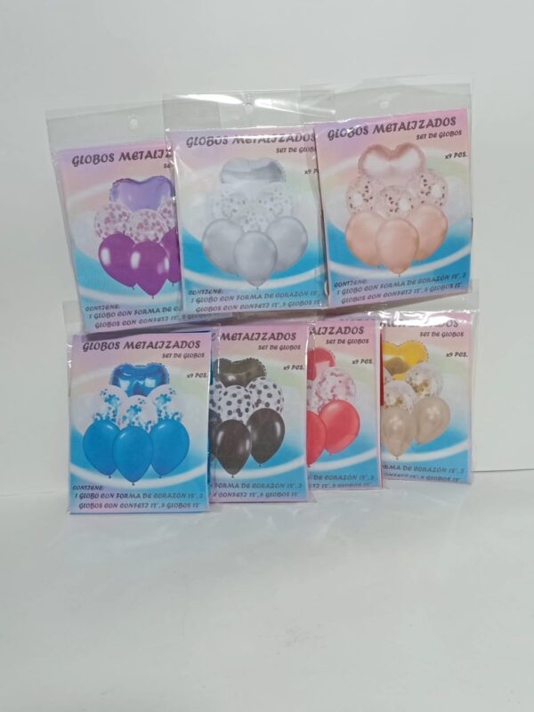 Kit Globos Deco Corazon Metalizado Rosa Confettis 9 Piezas X1