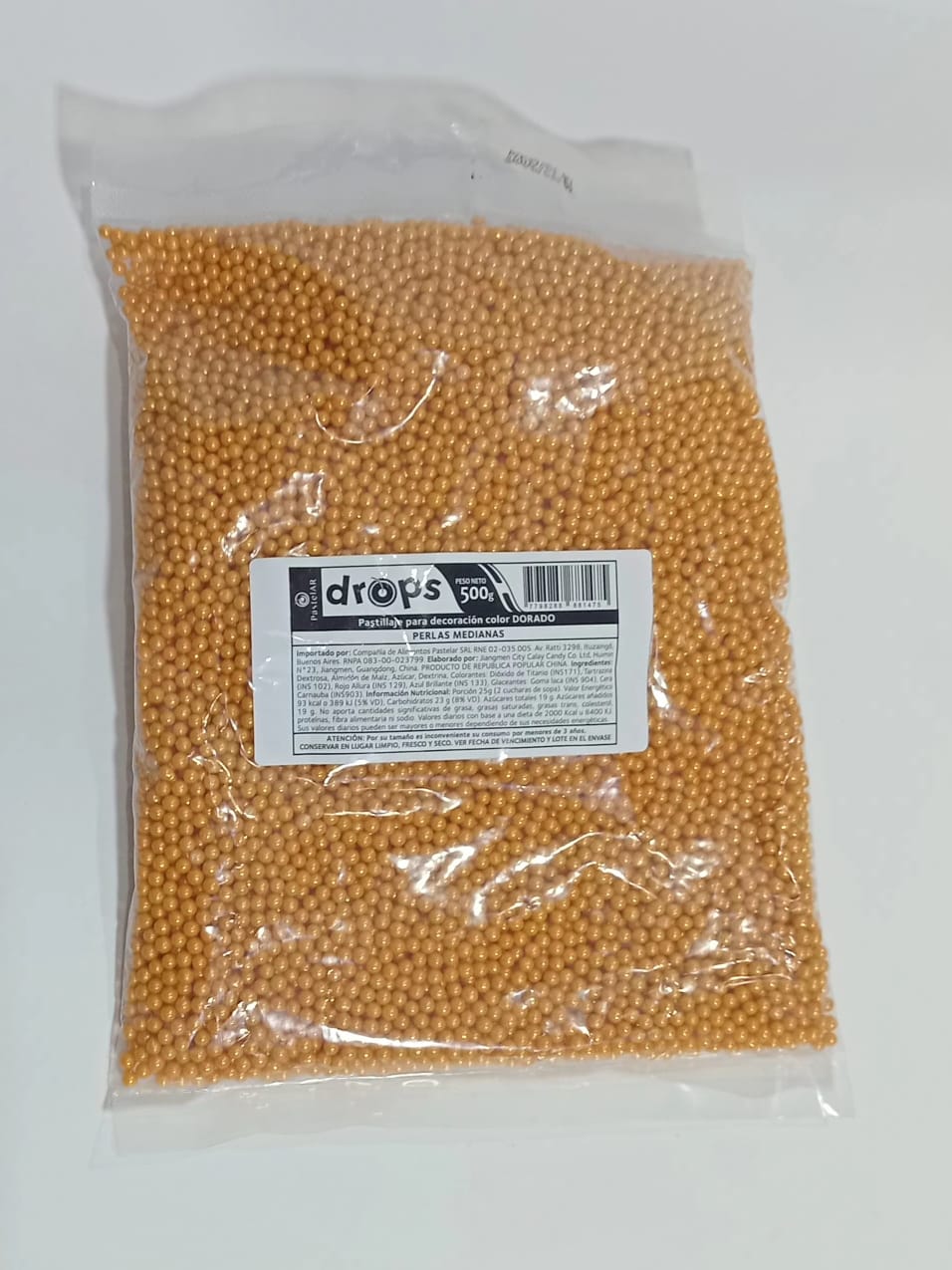 DROPS PASTELAR PERLAS MEDIANAS DORADAS  x500grs