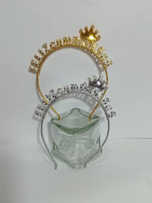 VINCHA FELIZ CUMPLEAÑOS CORONA CON STRASS PLATEADA Y DORADA x1
