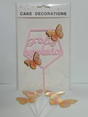 ADORNO PINCHE FELIZ CUMPLE CON MARIPOSAS 5 PIEZAS X10 AT340-10271