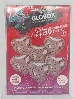 KIT GLOBOS CRISTAL FORMA CORAZON CON CONFETTI ROSA GOLD (APTO HELIO) GLOBOX x6