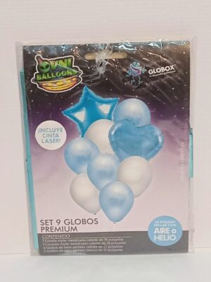 KIT GLOBOS DECO OVNI ESTRELLA/CORAZON CELESTE/BLANCO x9