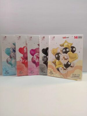 KIT GLOBOS DECO ESTRELLA/CORAZON CON CONFETTI VARIOS COLORES14 PIEZAS