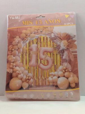 KIT GLOBOS PREMIUM 15 AÑOS (32")/CORTINA DORADA 83 PIEZAS x1