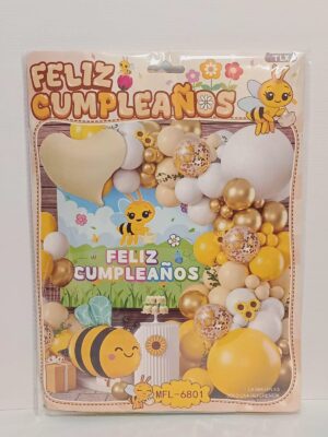 KIT GLOBOS PREMIUM FELIZ CUMPLEAÑOS ABEJITA 62 PIEZAS x1
