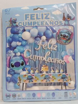 KIT GLOBOS PERSONAJE PREMIUM FELIZ CUMPLEAÑOS STITCH 67 PIEZAS x1
