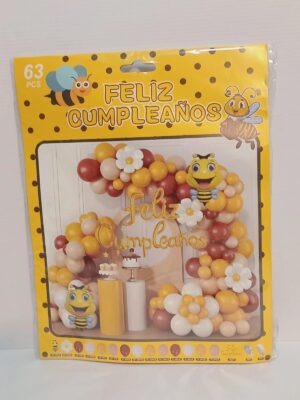 KIT GLOBOS PREMIUM FELIZ CUMPLEAÑOS ABEJITA 63 PIEZAS x1