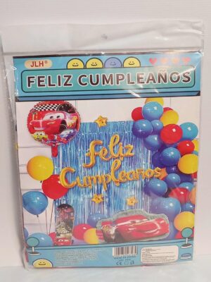 KIT GLOBOS PREMIUM FELIZ CUMPLEAÑOS/CORTINA CARS 49 PIEZAS x1