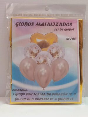 KIT GLOBOS CORAZON DORADO 9 PIEZAS x1