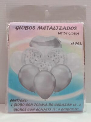 KIT GLOBOS CORAZON PLATA 9 PIEZAS x1