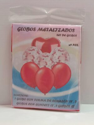 KIT GLOBOS CORAZON ROJO 9 PIEZAS x1